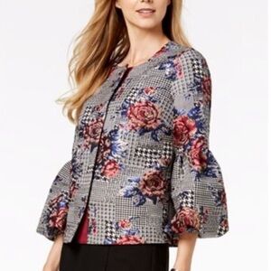 Alfani Black White Bubble Sleeve Floral Print Metallic Jacket Women’s Size Large